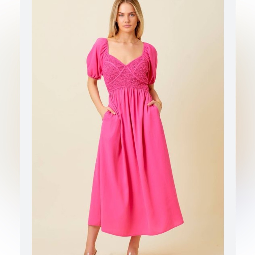 Pink Midi Dress with Smocked Bodice